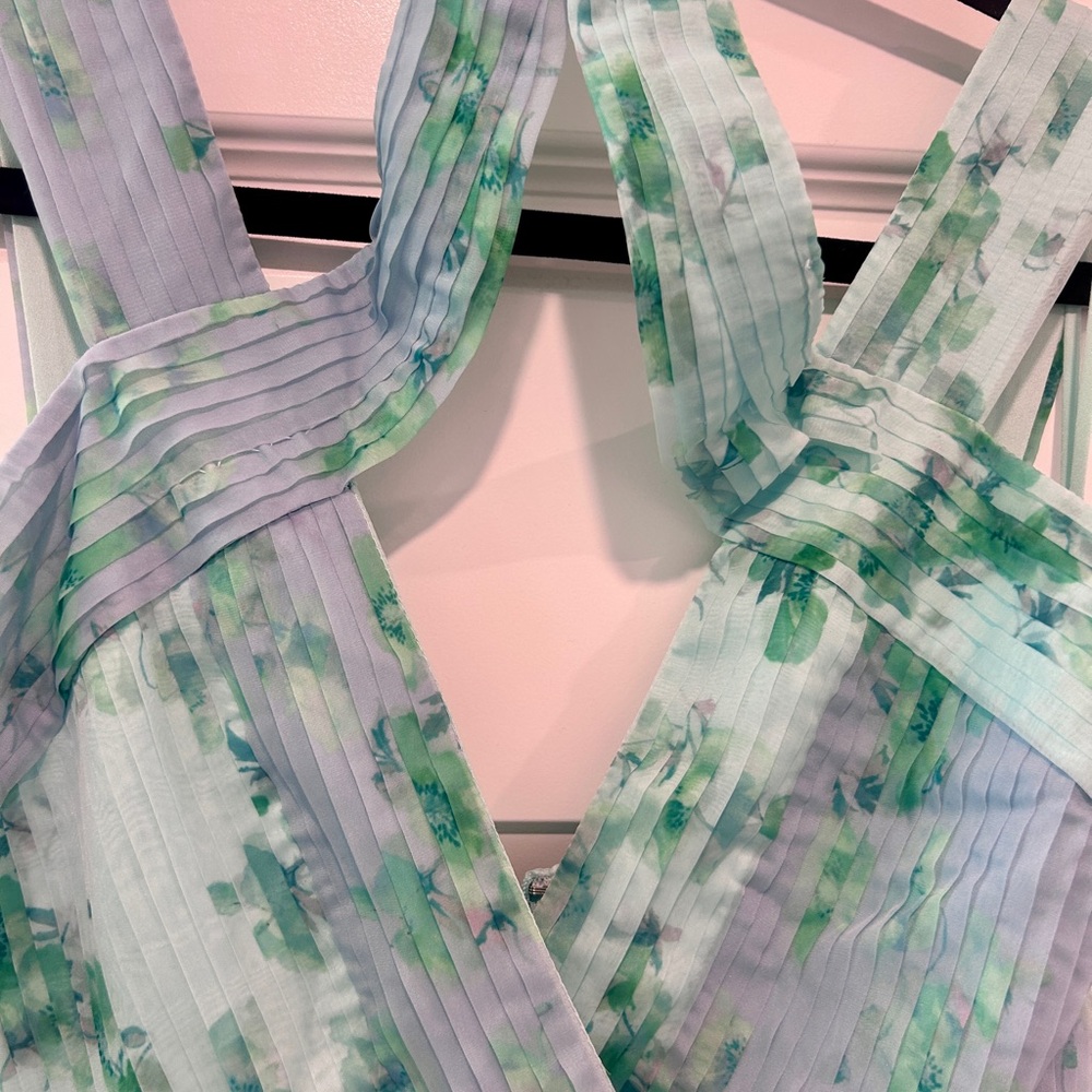 THEIA Pleated Chiffon Dress Blue Green Watercolor Halter Midi 4 Wedding Guest - Picture 8 of 15
